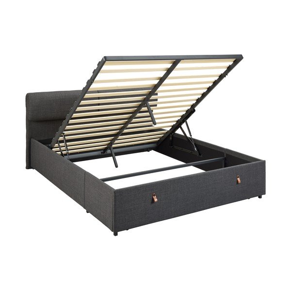 Letto matrimoniale imbottito grigio scuro con contenitore con rete inclusa 160x200 cm Calvi – Actona-image-3