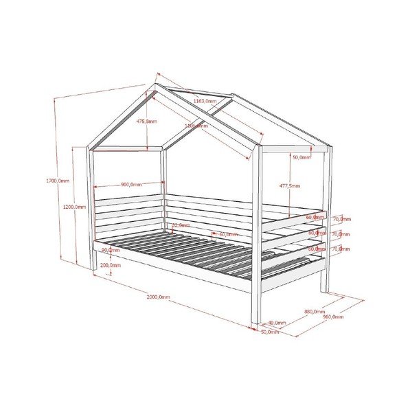 Letto da bambini a forma di casa bianco in pino massiccio con rete inclusa 90x200 cm Dallas – Vipack-image-2