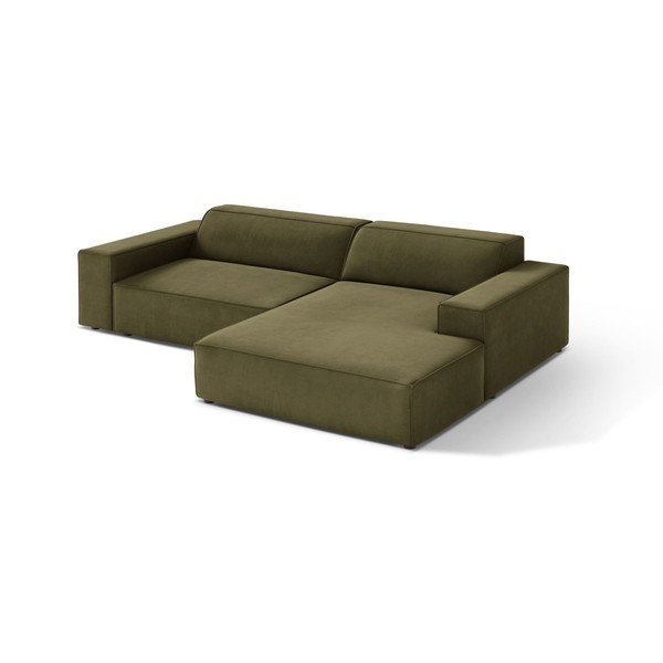 Divano angolare componibile color kaki (con penisola a destra/con chaise lounge) con rivestimento in velluto Jodie – Micadoni 