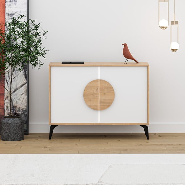 Cassettiera bassa in rovere decorata in bianco e naturale 110x82 cm Vae - Marckeric-image-2