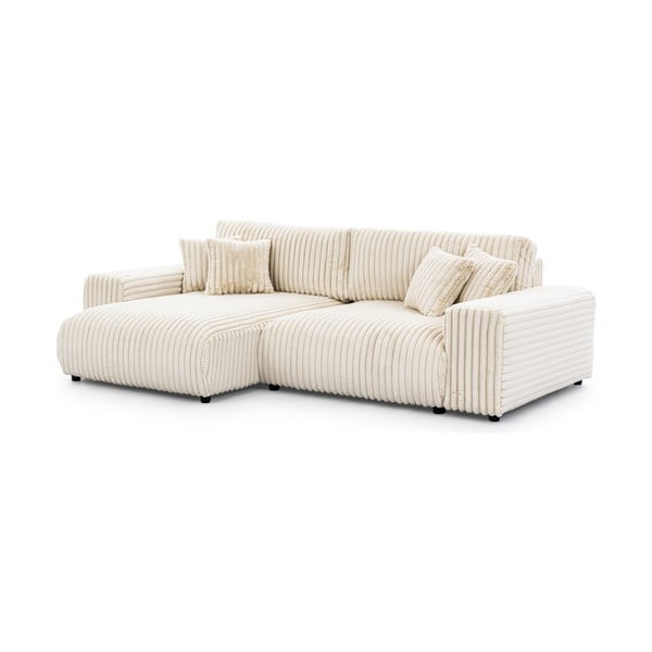 Divano angolare con penisola a sinistra color crema e rivestimento in velluto a coste allungabile e con contenitore Sarina – Ropez