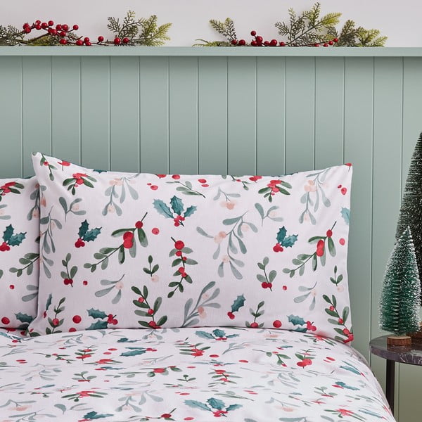 Set copripiumino e federa bianco e verde in flanella per letto matrimoniale e per letto esteso 230x220 cm Holly and Mistletoe – Catherine Lansfield-image-3