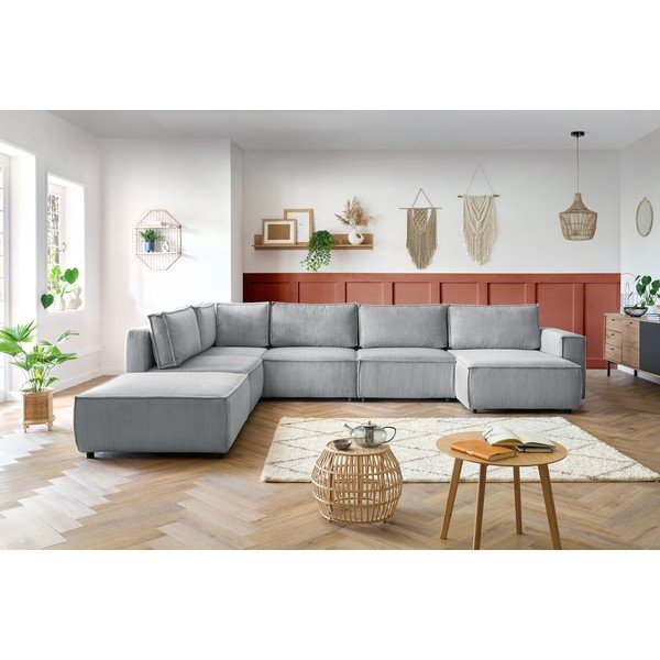 Divano angolare a U in velluto a coste grigio chiaro, angolo sinistro Nihad modular - Bobochic Paris-image-1