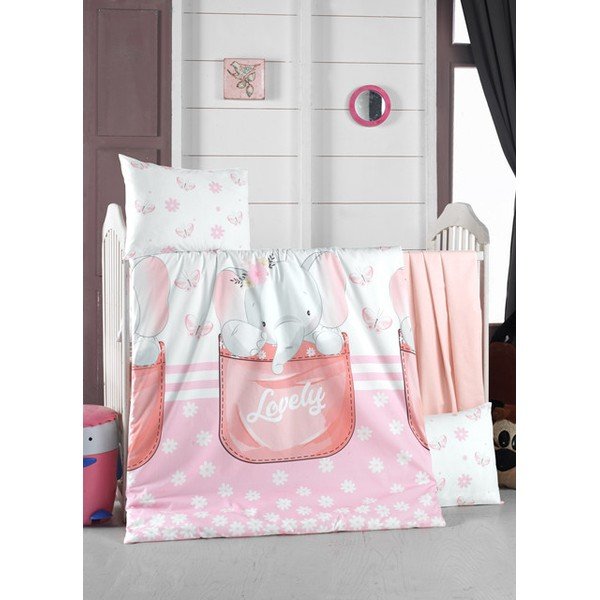 Set copripiumino e federa da bambini bianco/rosa in cotone renforcé per culla con lenzuolo incluso/4 pezzi 100x150 cm Lovely – Mijolnir-image-1