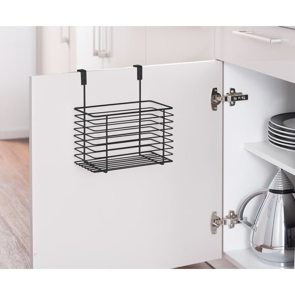 Cestino in metallo nero da appendere all'anta della cucina Slim, altezza 25 cm - Wenko-image-1