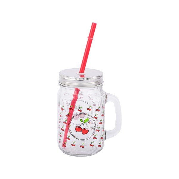Skleněná mason jar s brčkem Tantitoni Cherry, 475 ml