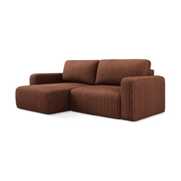 Divano angolare color terracotta allungabile/con contenitore (con penisola a sinistra/con chaise lounge) con rivestimento in velluto a coste Kona – Makamii-image-2