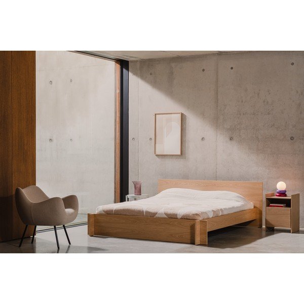 Letto matrimoniale di colore naturale con effetto rovere in truciolato/in compensato con rete inclusa 180x200 cm Valt – noo.ma-image-1