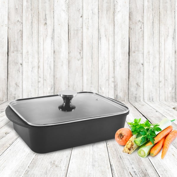 Pirofila in alluminio antiaderente con coperchio in vetro , 35 x 22,5 cm Grande - Orion-image-1