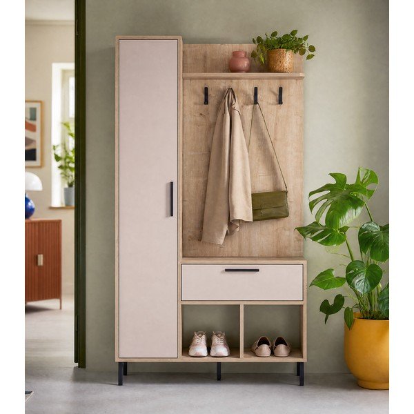 Set da ingresso effetto rovere con decoro crema-naturale 108x195x35 cm Heidy - Marckeric-image-1