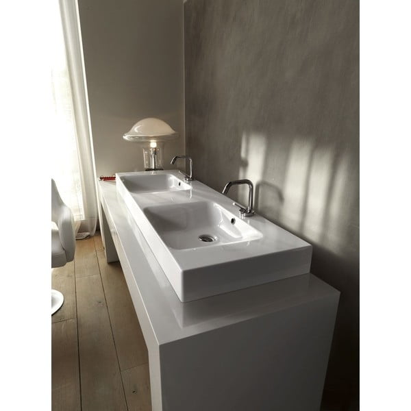 Doppio lavabo bianco in ceramica 140x45 cm Cento – Sapho-image-1