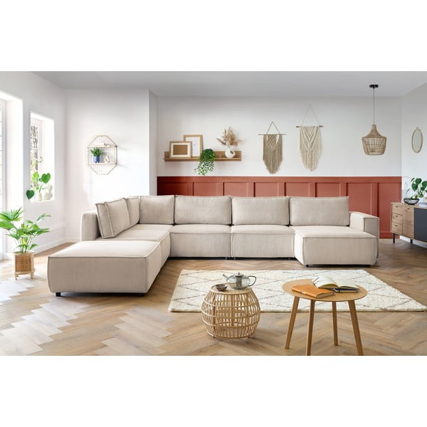 Divano angolare a U in velluto a coste color crema, angolo sinistro Nihad modular - Bobochic Paris-image-1