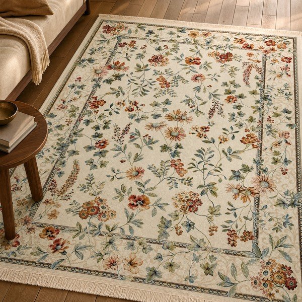 Tappeto in viscosa crema 95x140 cm Oriental Flowers - Nouristan-image-1