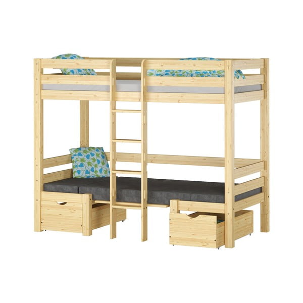 Letto da bambini a castello di colore naturale in pino massiccio con spazio contenitivo 90x200 cm Elen – Olivia Living