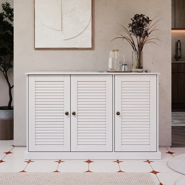 Credenza bianca in pino massiccio 125x80x38 cm Edith – Støraa-image-1