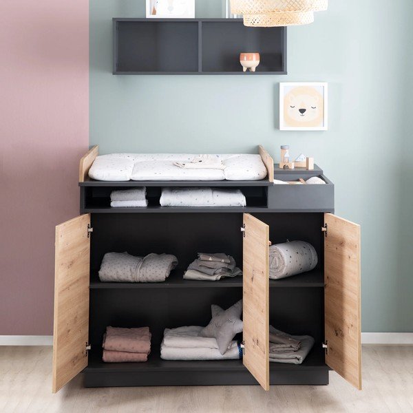 Cassettiera bassa per bambini in rovere con fasciatoio in colore antracite-naturale 118x103 cm Lenn - Roba-image-1