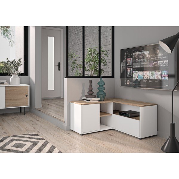 Tavolo TV in rovere decorato in bianco e naturale 90x45 cm Angle - TemaHome-image-1