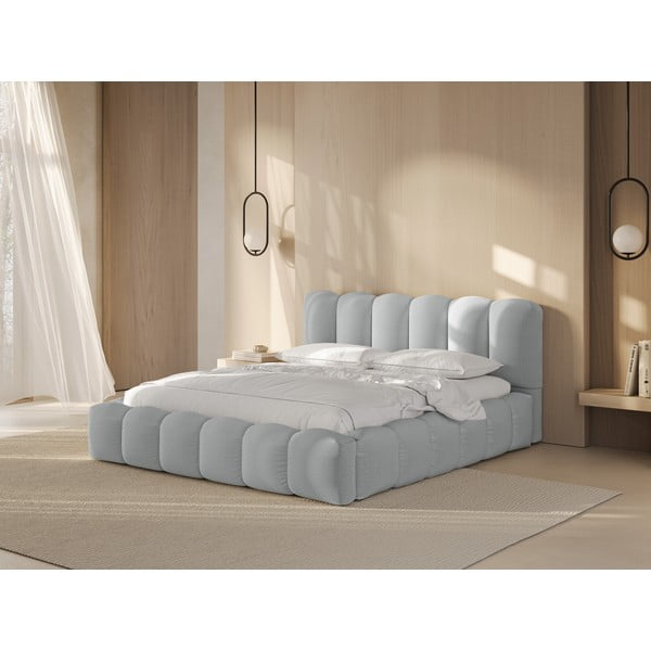 Letto matrimoniale imbottito in grigio chiaro con contenitore con rete inclusa 160x200 cm Lupine – Micadoni -image-1