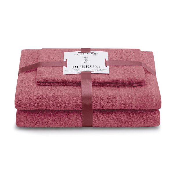 Set di asciugamani per viso e corpo tipo terry rosa in cotone 3 pz Rubrum – Restilo