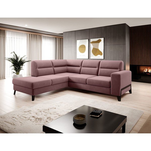 Divano angolare rosa allungabile/con contenitore (con penisola a sinistra/a L) e rivestimento in velluto Cassara – ELTAP-image-1