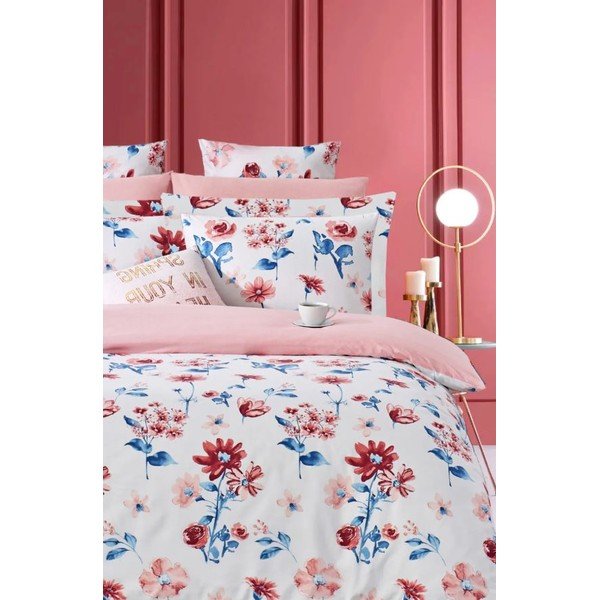 Biancheria da letto bianca/rosa in cotone renforcé per letto matrimoniale/per letto esteso con lenzuolo incluso/4 pezzi 200x220 cm – Mila Home-image-1