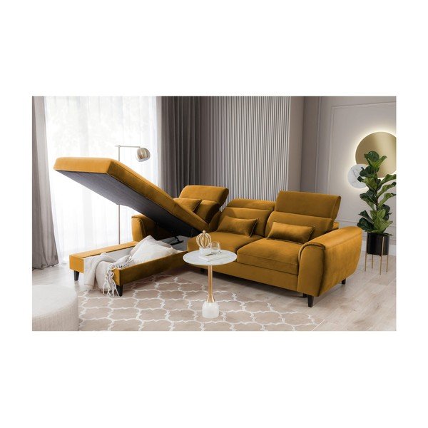Divano angolare giallo allungabile/con contenitore (con penisola a sinistra/con chaise lounge) e rivestimento in velluto Foble – ELTAP-image-4