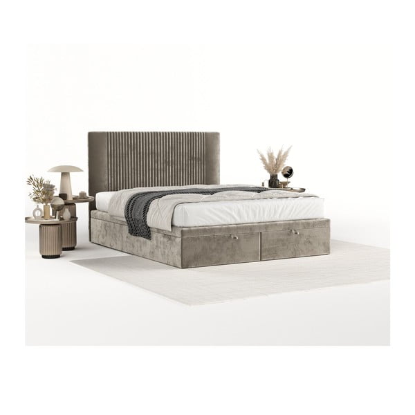 Letto matrimoniale imbottito beige con spazio contenitivo 200x200 cm Mavel - Maison de Rêve-image-2