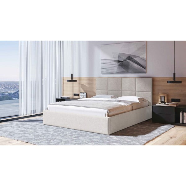 Letto matrimoniale imbottito beige con contenitore con griglia 160x200 cm Bufo - MESONICA-image-1