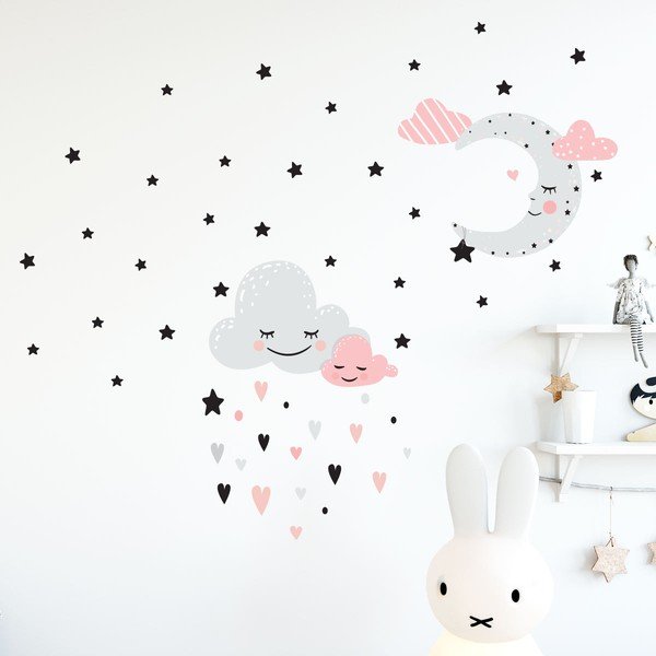 Adesivo murale rosa Luna e nuvole L'amore tra le stelle - Ambiance-image-3