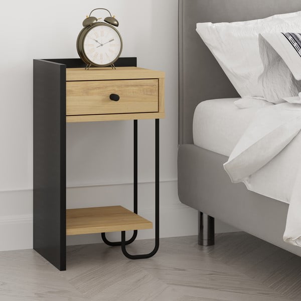 Comodino in rovere nero/naturale con ripiani Mercure - Marckeric-image-1