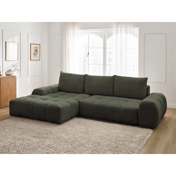 Divano angolare verde allungabile e con contenitore (penisola a sinistra/chaise lounge) con rivestimento in ciniglia Everest – Bobochic Paris-image-1