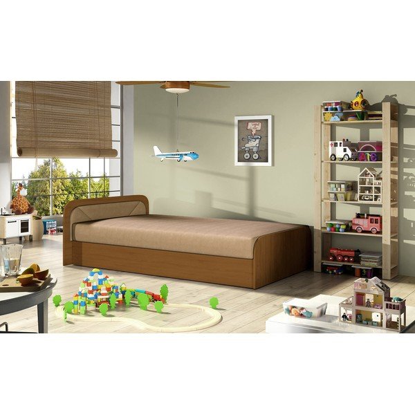 Letto singolo imbottito/in truciolato giallo ocra/beige con contenitore e materasso inclusi 80x190 cm Parys – ELTAP-image-2