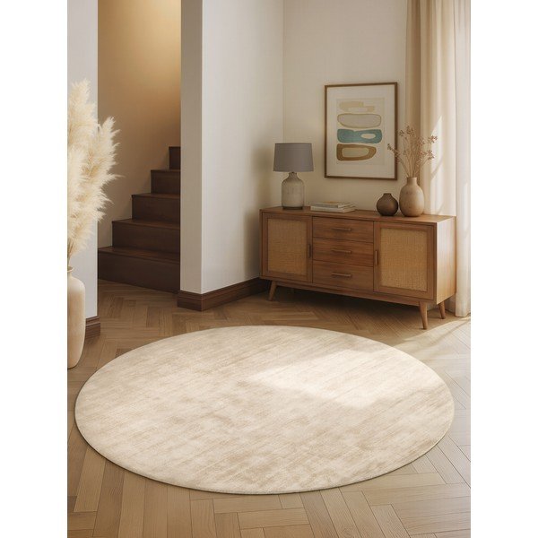 Tappeto rotondo avorio in viscosa tessuto a mano ø 120 cm Noemi – Vikosa-image-1