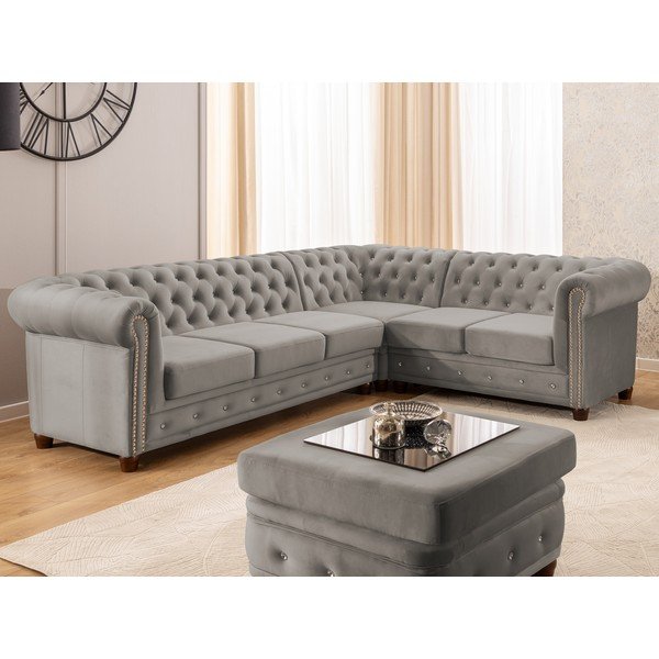 Divano angolare grigio allungabile (con penisola a destra/a L) con rivestimento in velluto York Blik – Ropez-image-1