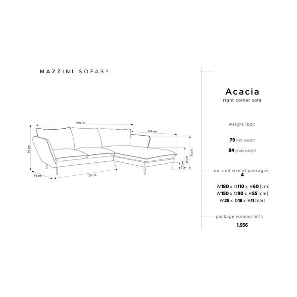 Divano angolare in velluto grigio chiaro Acacia, angolo destro - Mazzini Sofas-image-3