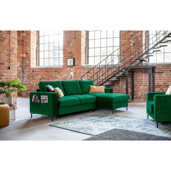 Divano letto angolare in velluto verde, angolo destro Lofty Lilly - Miuform-image-3