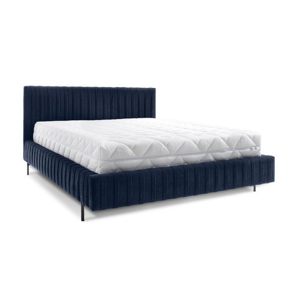 Letto matrimoniale imbottito blu scuro con contenitore e rete inclusi 140x200 cm Plissa – ELTAP