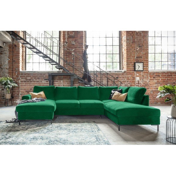 Divano letto a U in velluto verde, angolo destro Lofty Lilly - Miuform-image-1