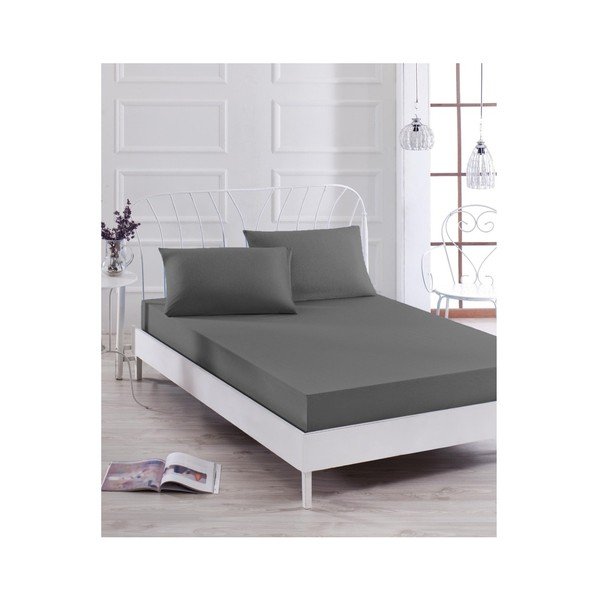 Set di lenzuola elastiche grigie e 2 federe per letto singolo Basso Gris, 160 x 200 cm - Mijolnir