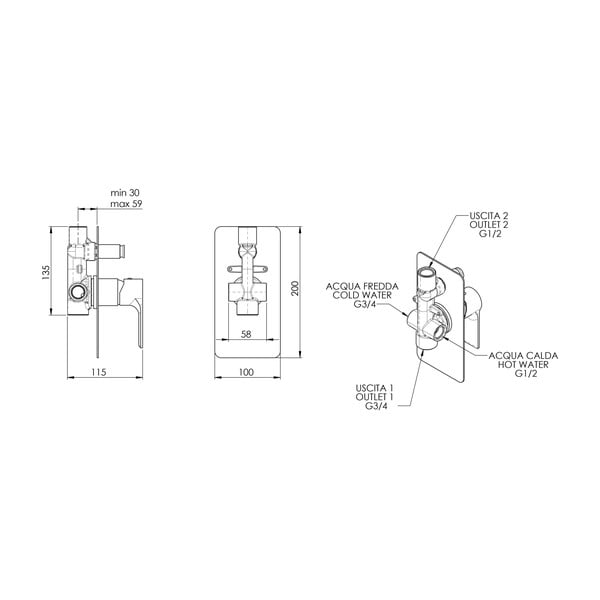 Rubinetto per doccia in nero opaco da incasso (con due uscite) Pax – Sapho-image-1