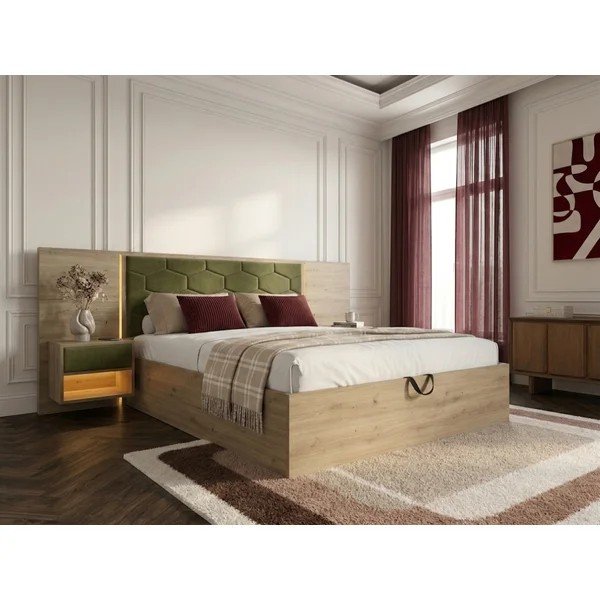 Letto matrimoniale imbottito/in truciolato verde scuro con contenitore con rete inclusa 160x200 cm Palmeraie – Bobochic Paris-image-1