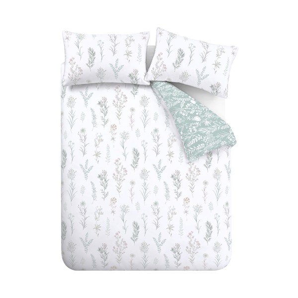 Set copripiumino e federa bianco/verde in percalle di cotone per letto matrimoniale/per letto esteso 3 pezzi 230x220 cm Wild Flowers – Bianca