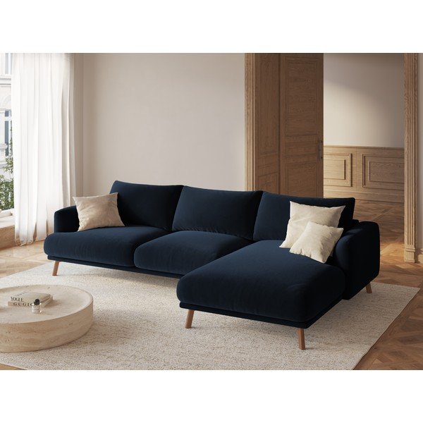 Divano angolare blu scuro (con penisola a destra/con chaise lounge) con rivestimento in velluto Naomi – Micadoni -image-1