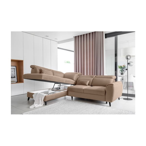 Divano angolare marrone chiaro allungabile/con contenitore (con penisola a sinistra/a L) e rivestimento in velluto Noble – ELTAP-image-3