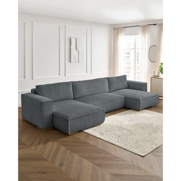 Divano angolare grigio scuro allungabile e con contenitore (a U) con rivestimento in velluto a coste Chelsea – Bobochic Paris-image-1