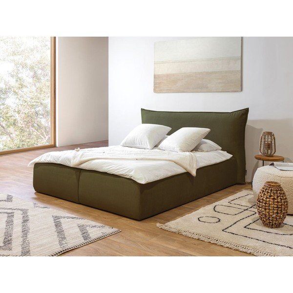 Letto matrimoniale imbottito verde scuro con contenitore con griglia 160x200 cm Jade - Bobochic Paris-image-1