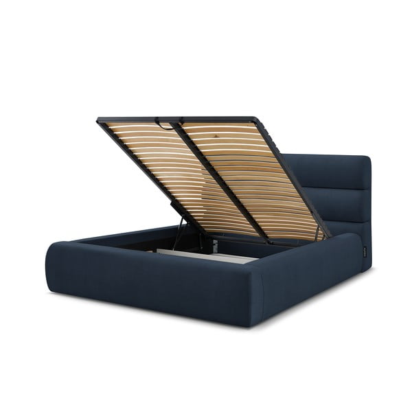 Letto matrimoniale imbottito blu scuro con contenitore con griglia 160x200 cm Jagna - Bobochic Paris-image-4