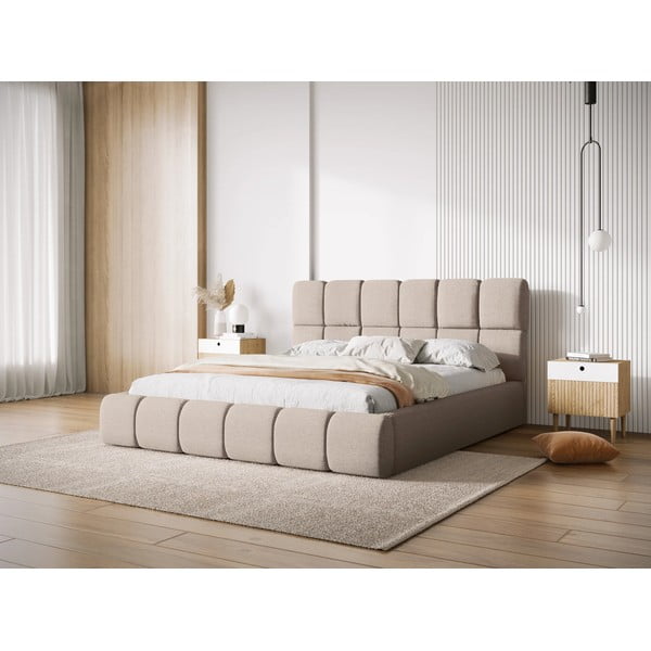 Letto color crema imbottito con spazio contenitivo 160x200 cm Bellis – Micadoni Home-image-1