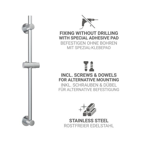 Asta per doccia senza foratura color argento lucido in acciaio inox con supporto scorrevole 70 cm – Wenko-image-2
