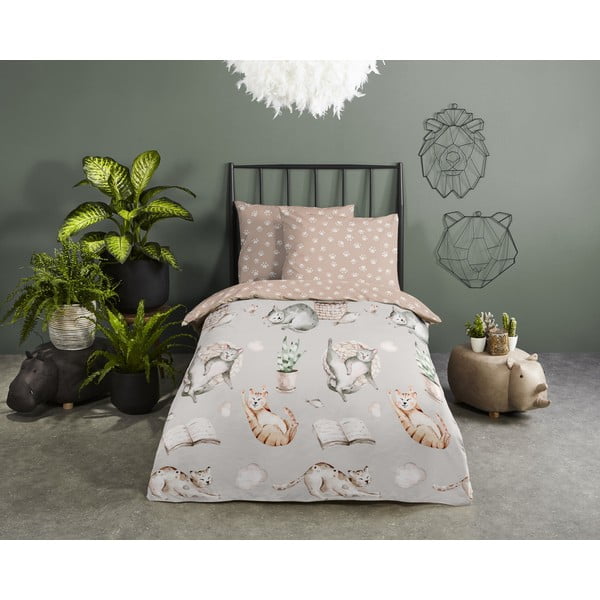 Set copripiumino e federa da bambini grigio/marrone in cotone per culla 120x150 cm Catlife – Good Morning-image-1
